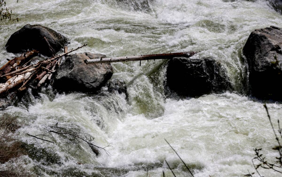 The Merced River rages through Yosemite National Park, Calif. on Tuesday, April 25, 2023. (Bron ...