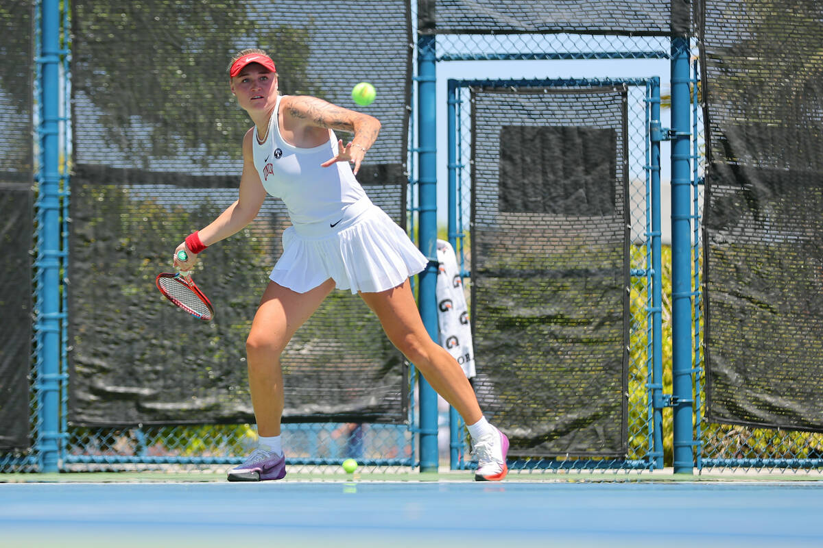 UNLV women’s tennis player Molly Helgesson prepares to hit a ball during the Mountain West ch ...