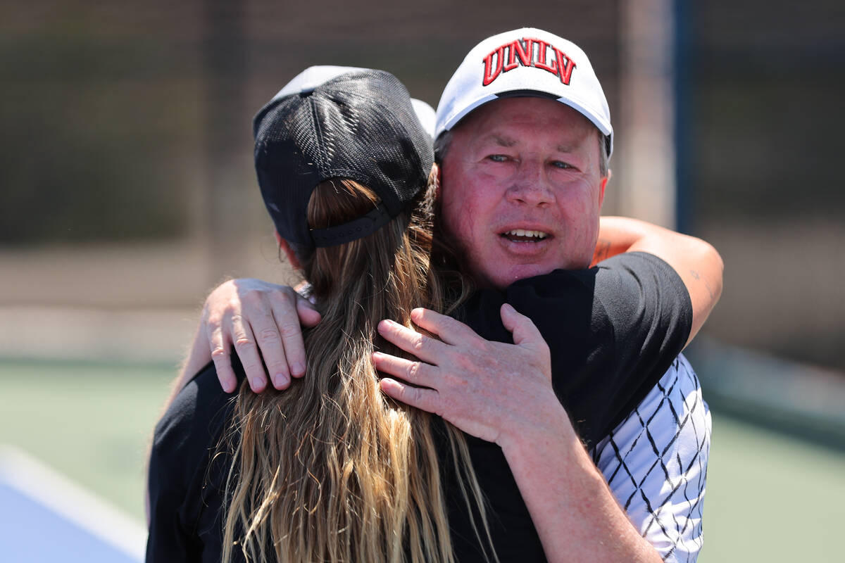 UNLV women’s tennis coach Kevin Cory celebrates during the Mountain West championship match S ...