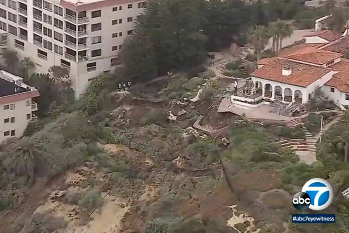 In this image from KABC7 video, is an aerial view of a landslide on the western side of the Cas ...