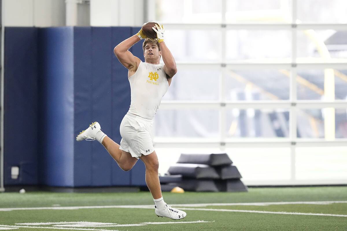 Tight end Michael Mayer participates in Notre Dame's NFL football Pro Day in South Bend, Ind., ...