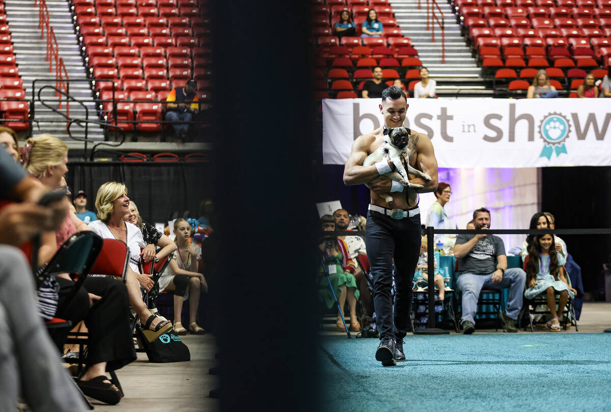 Chippendale performer Chris Zavala carries Percy in The Animal Foundation 20th annual Best In S ...