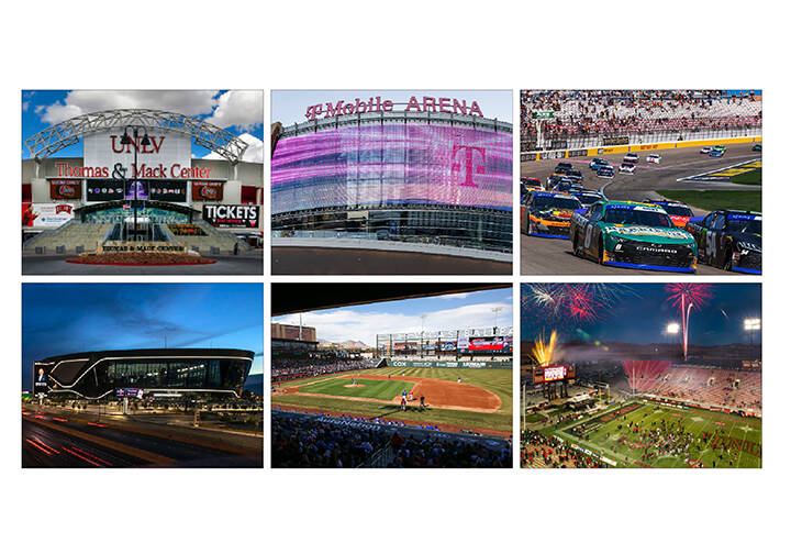 Clockwise from top left, Thomas & Mack Center, T-Mobile Arena, Las Vegas Motor Speedway, Sam Bo ...