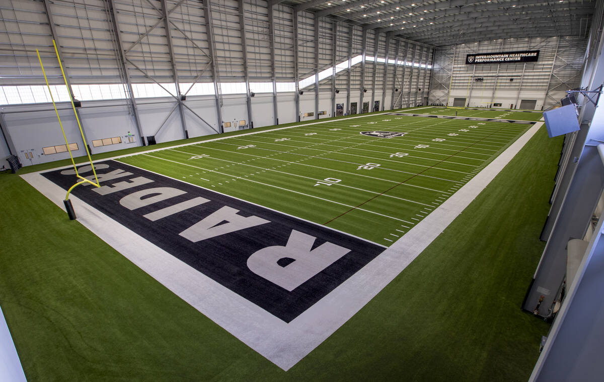A second-floor view of the indoor practice field within the Intermountain Healthcare Performanc ...