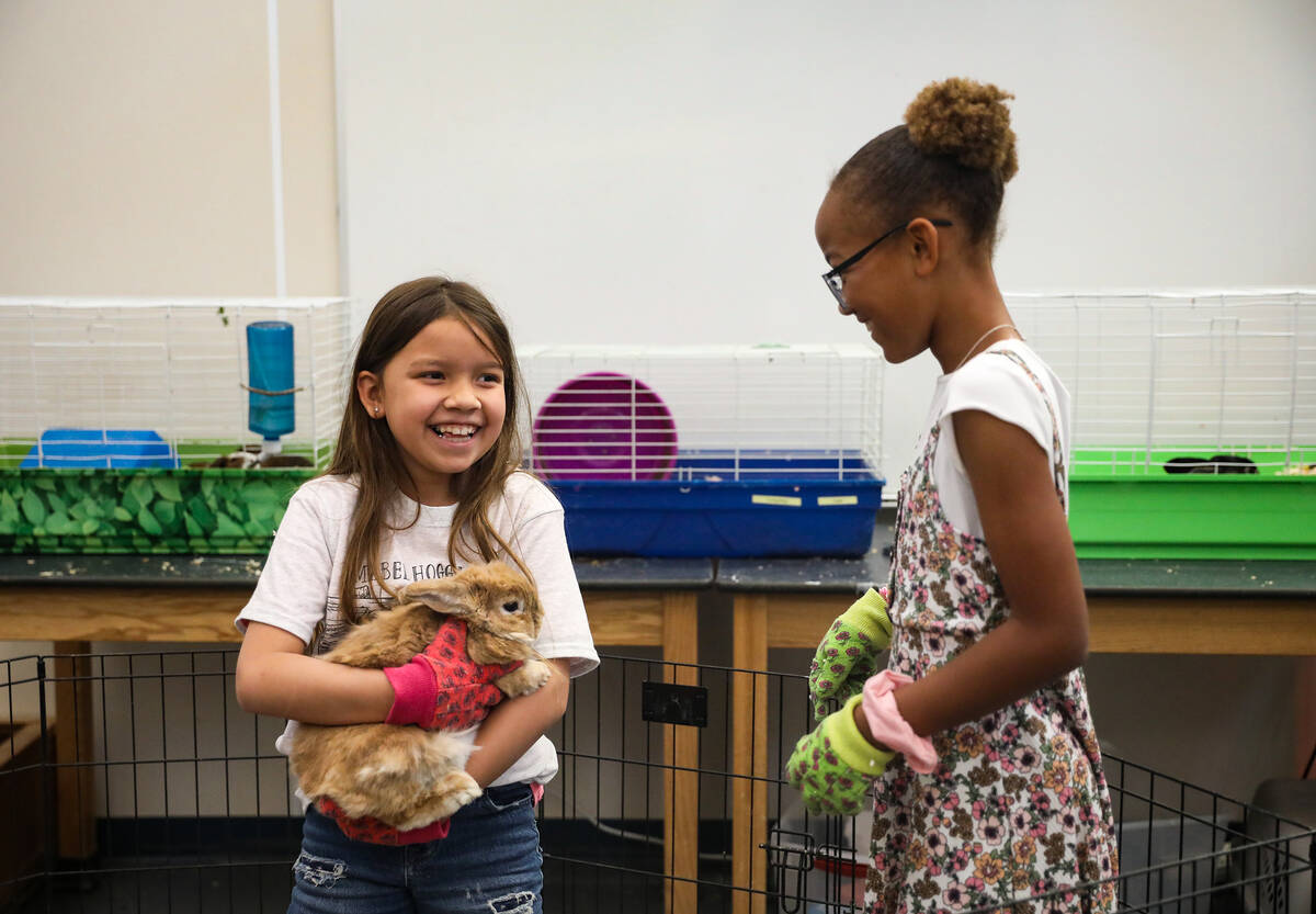 Bella Cruz, 9, holds a bunny named Hopster next to Cadence Lewis, 9, at Hoggard Math & Scie ...