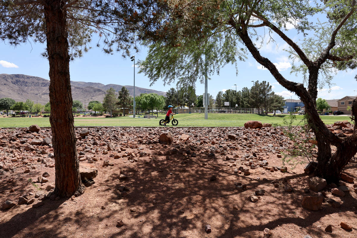 Asher, 3, rides his bike in Acacia Park in Henderson Friday, May 5, 2023. (K.M. Cannon/Las Vega ...