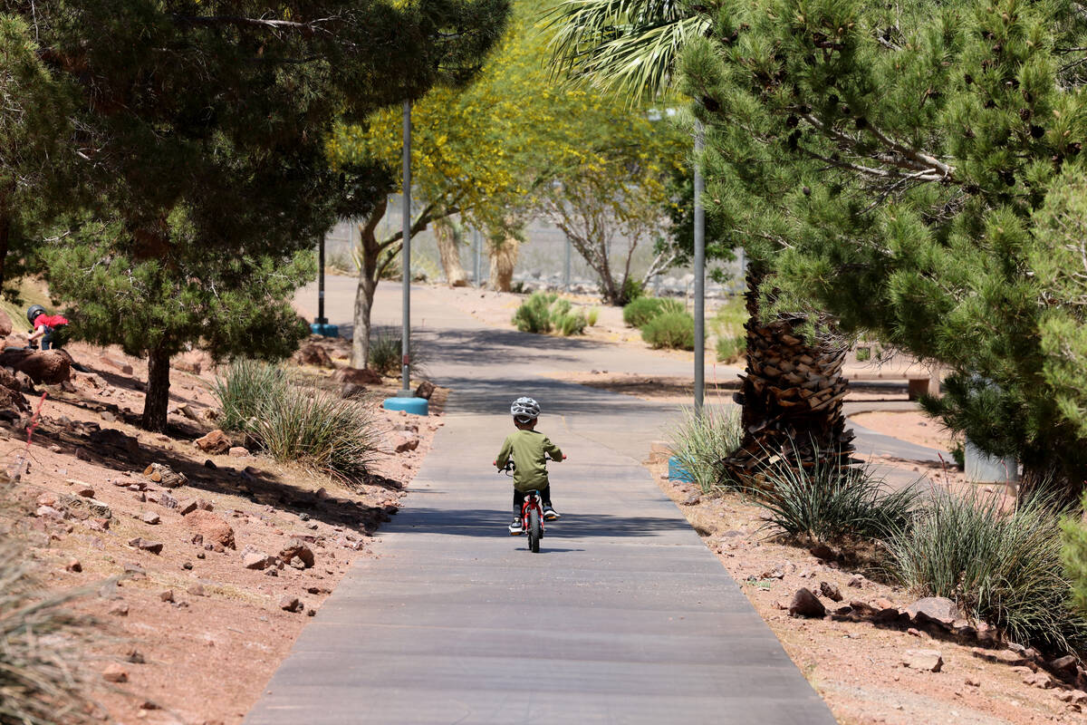 Lucas, 4, rides his bike in Acacia Park in Henderson Friday, May 5, 2023. (K.M. Cannon/Las Vega ...