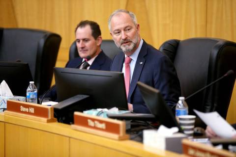 Vice Chairman Ike Lawrence Epstein, left, and Chairman Steve Hill during a Stadium Authority bo ...