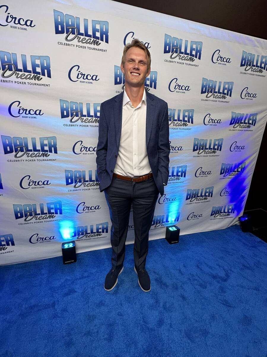 Raiders kicker Daniel Carlson is shown on the blue carpet at the Baller Dream Celebrity Poker T ...
