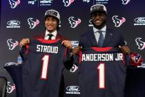 Houston Texans first round draft picks quarterback C.J. Stroud, left, and linebacker Will Ander ...