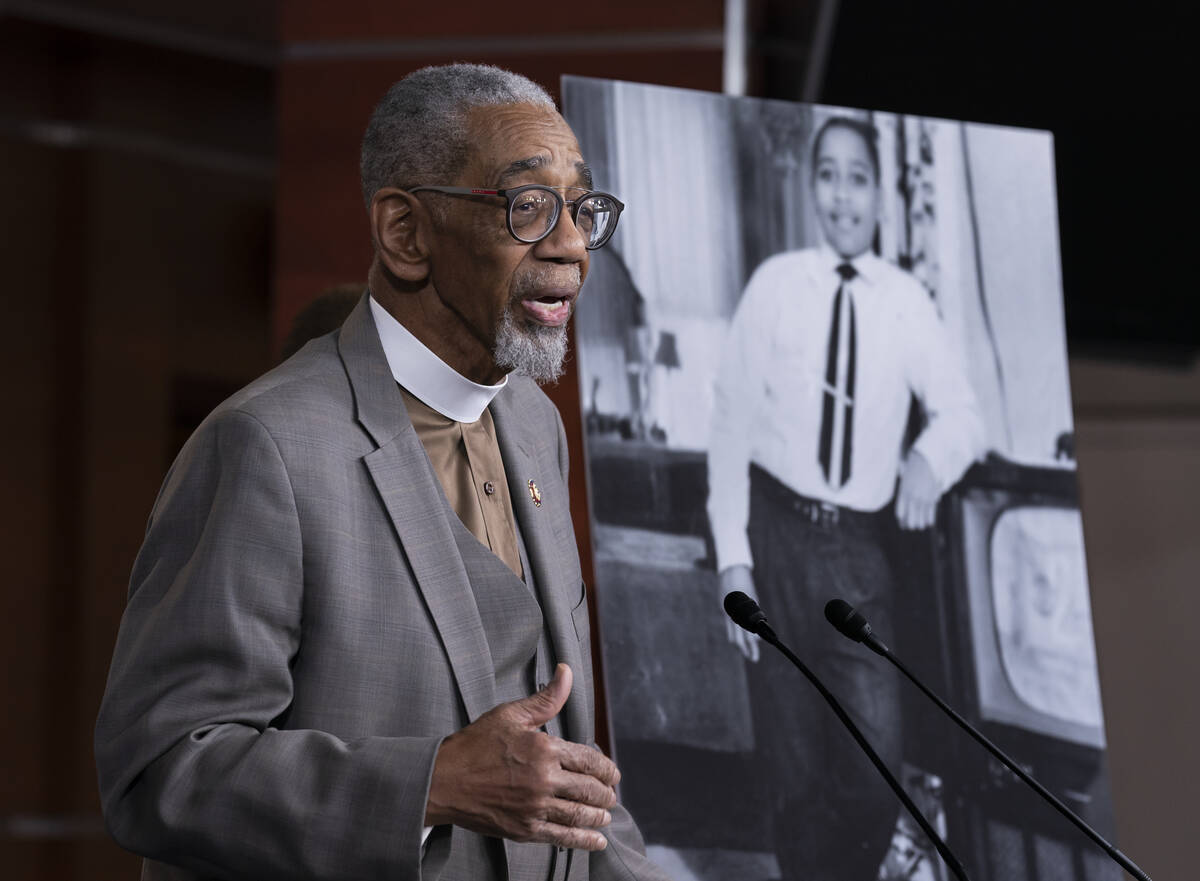 FILE - Rep. Bobby Rush, D-Ill., speaks during a news conference about the "Emmett Till Ant ...