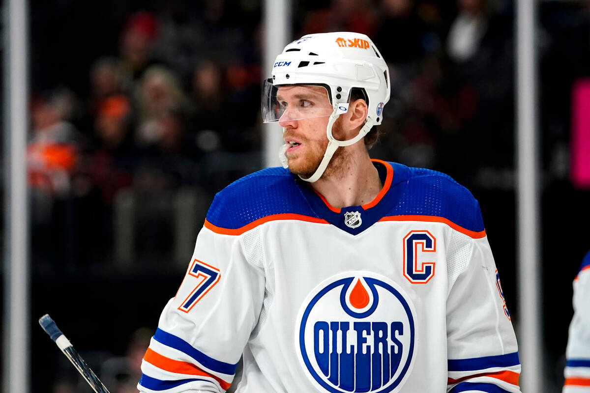 Edmonton Oilers center Connor McDavid looks over the ice during the second period of the team's ...