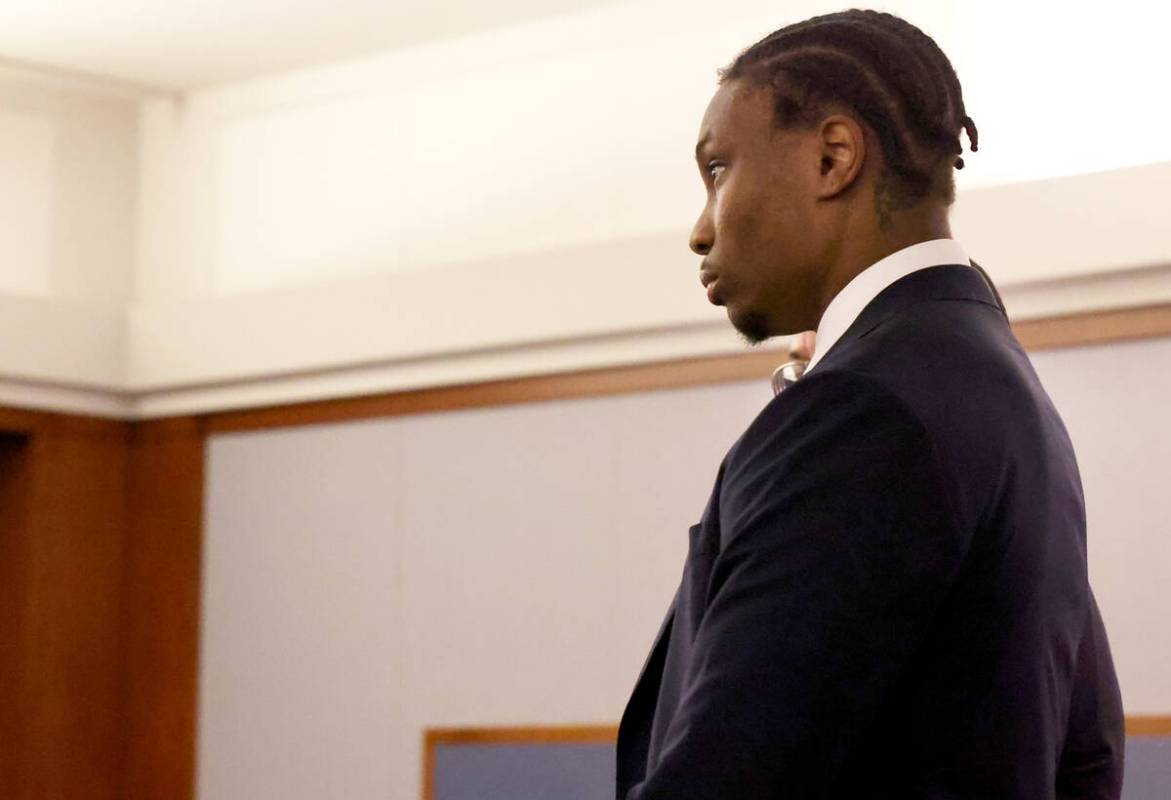 Former Raiders player Henry Ruggs appears in court for a hearing at the Regional Justice Center ...