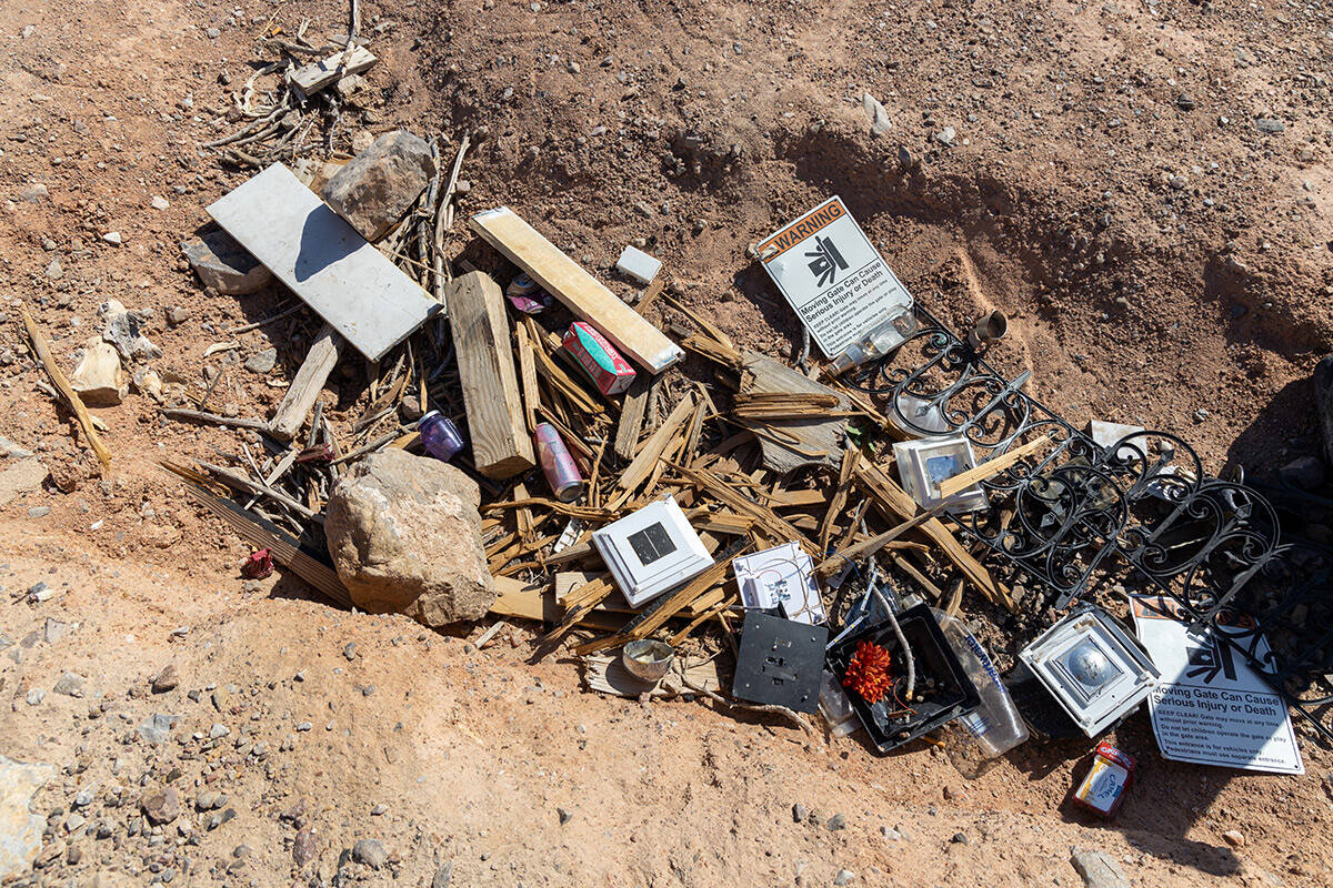 A pile of trash sits near the base of Frenchman Mountain, east of Sunrise Manor, on May 1, 2023 ...