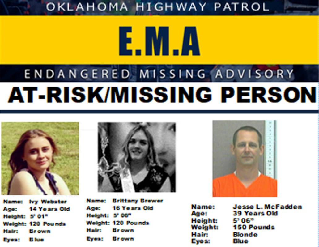 This missing poster provided by the Oklahoma Highway Patrol shows 14-year-old Ivy Webster, left ...