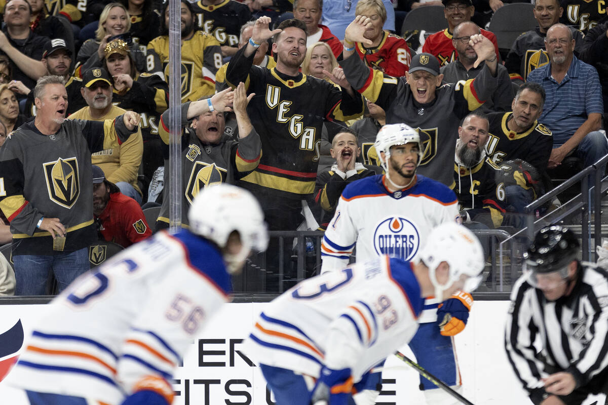 Golden Knights fans heckle the Edmonton Oilers during the second period in Game 1 of an NHL hoc ...