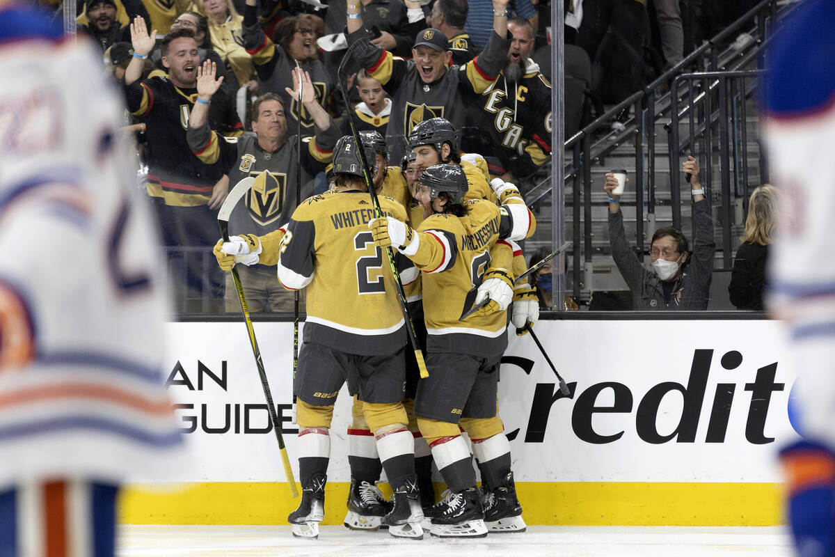 The Golden Knights celebrate after center Ivan Barbashev scored during the third period in Game ...