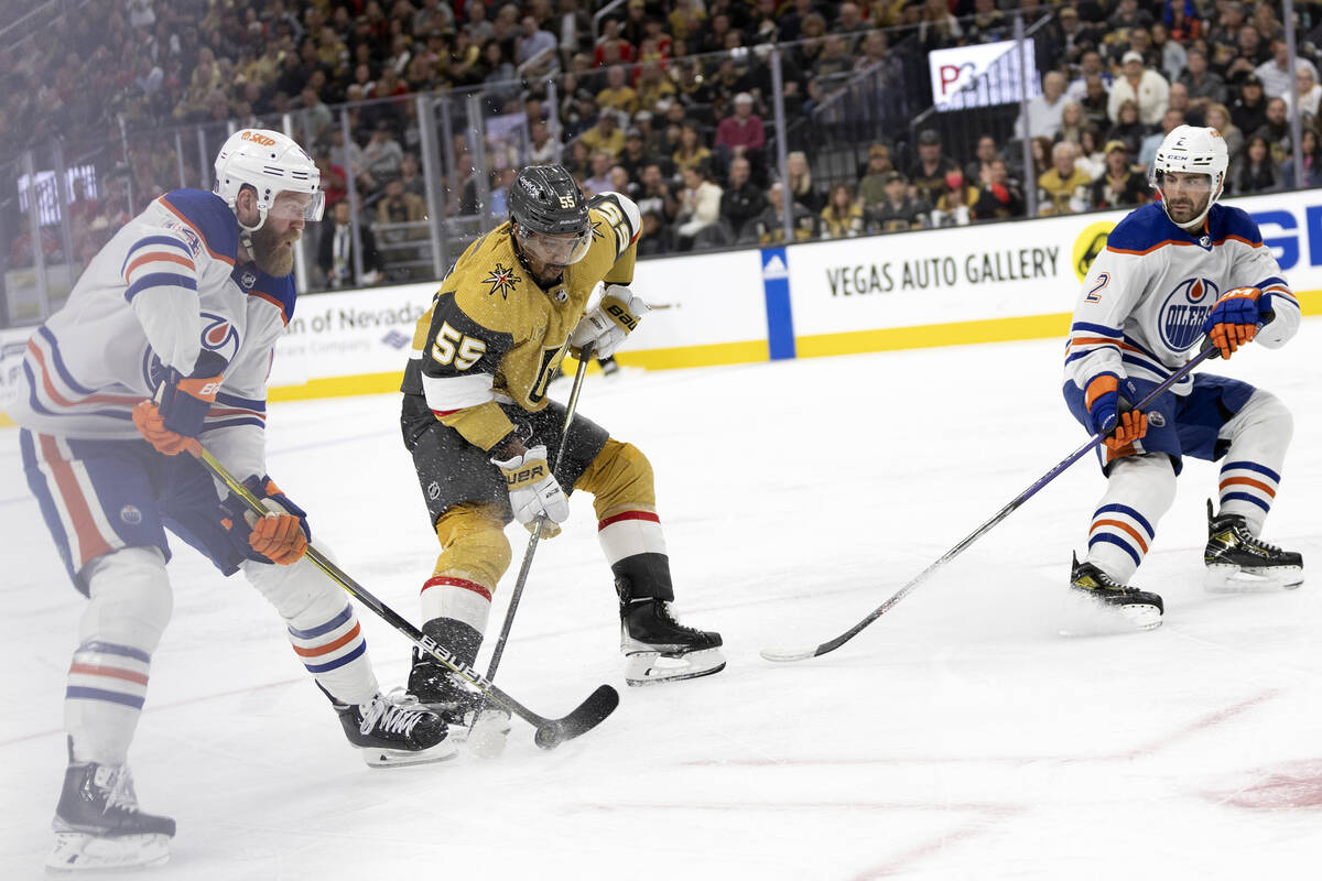 Golden Knights right wing Keegan Kolesar (55) skates to shoot against Edmonton Oilers defensema ...
