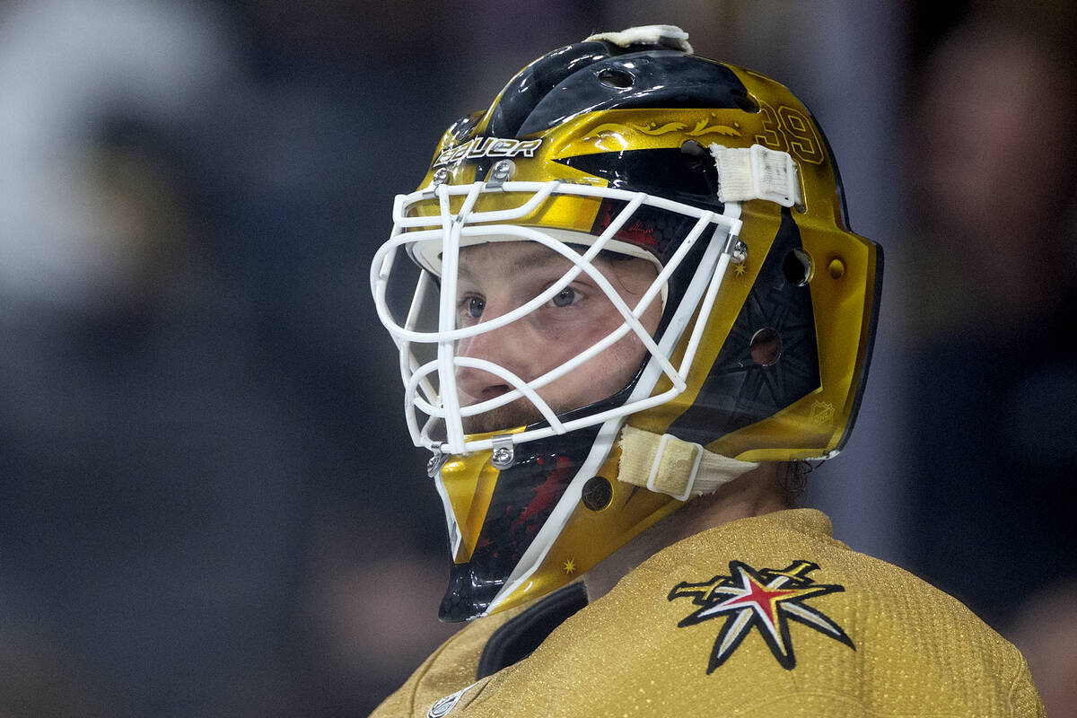 Golden Knights goaltender Laurent Brossoit (39) watches down the ice in Game 1 of an NHL hockey ...