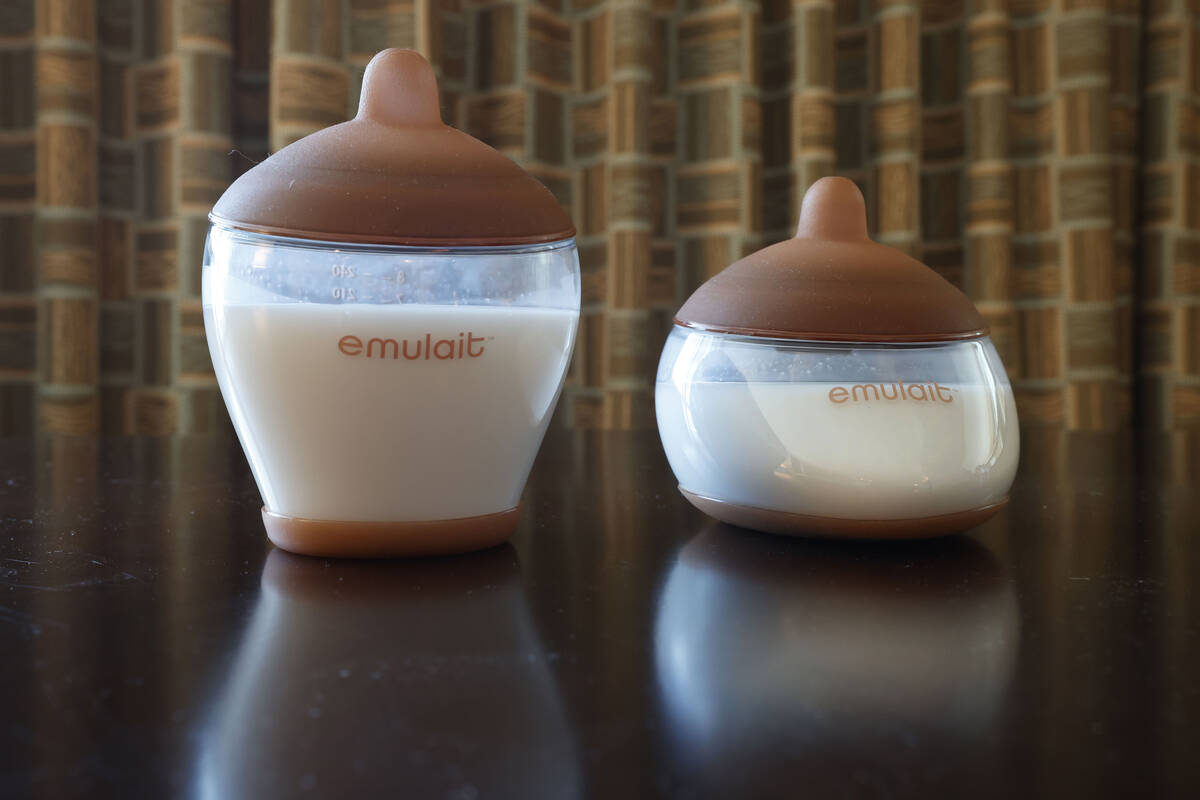 Emulait’s customized baby bottles, Classic Bottle, left, and Anatomy Bottle, right, are seen, ...