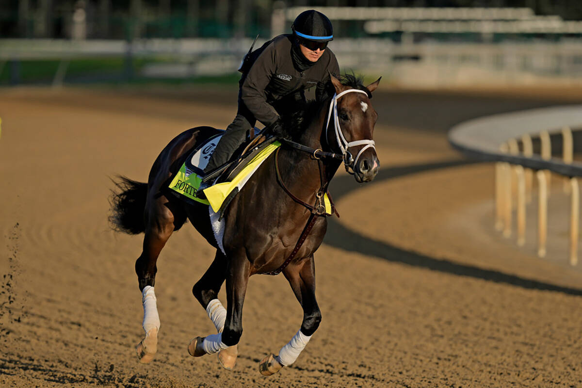 Kentucky Derby hopeful Forte works out at Churchill Downs Tuesday, May 2, 2023, in Louisville, ...