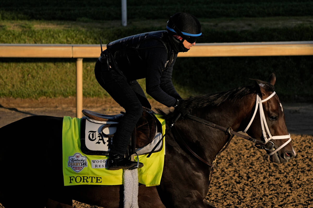 Kentucky Derby hopeful Forte works out at Churchill Downs Wednesday, May 3, 2023, in Louisville ...