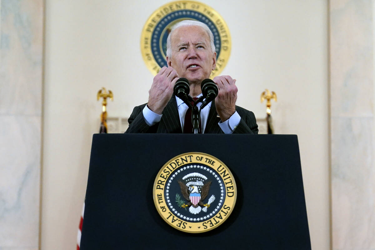 President Joe Biden speaks about the 500,000 Americans that died from COVID-19, Monday, Feb. 22 ...