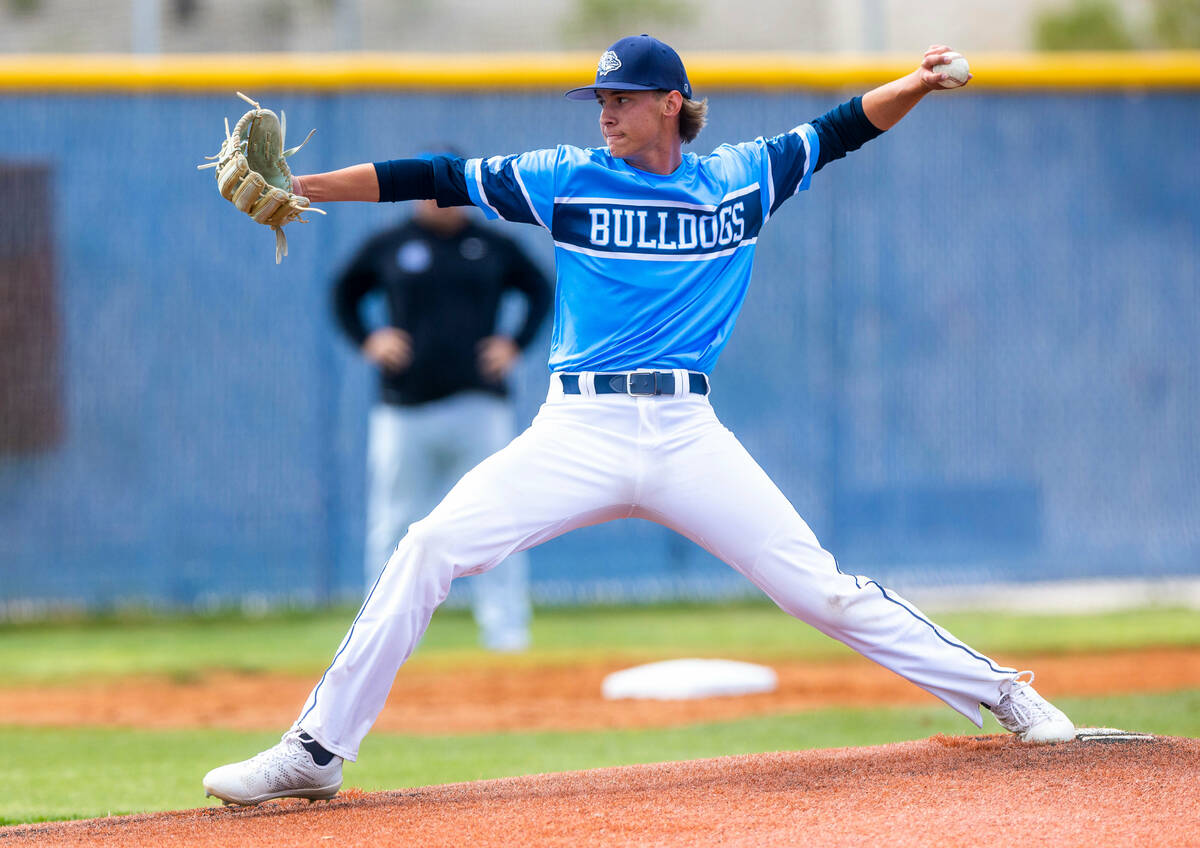 Centennial pitcher Carter Lindell (21) releases another throw against Bishop Gorman during the ...