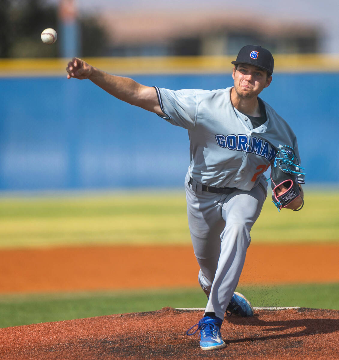 Bishop Gorman pitcher Kamdyn Perry (25) releases a throw against Centennial during the second i ...