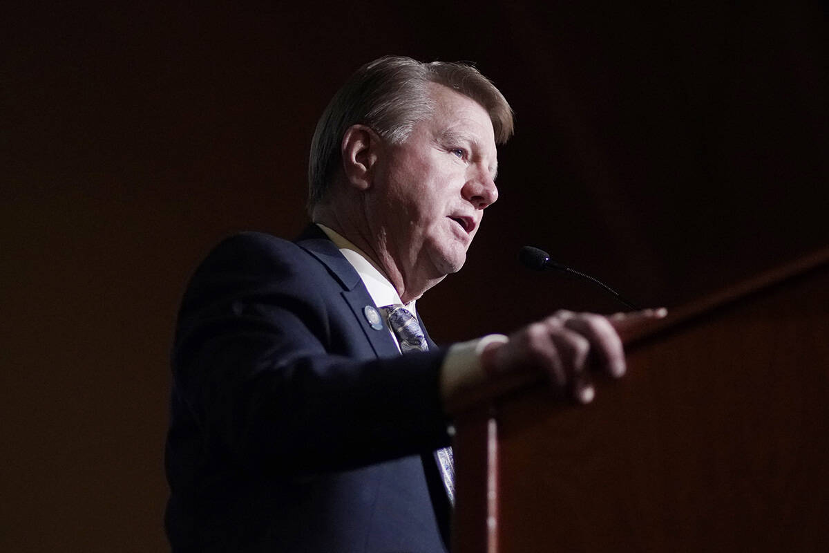 Jim Marchant speaks at a Republican election night watch party in November 2020 in Las Vegas. ( ...