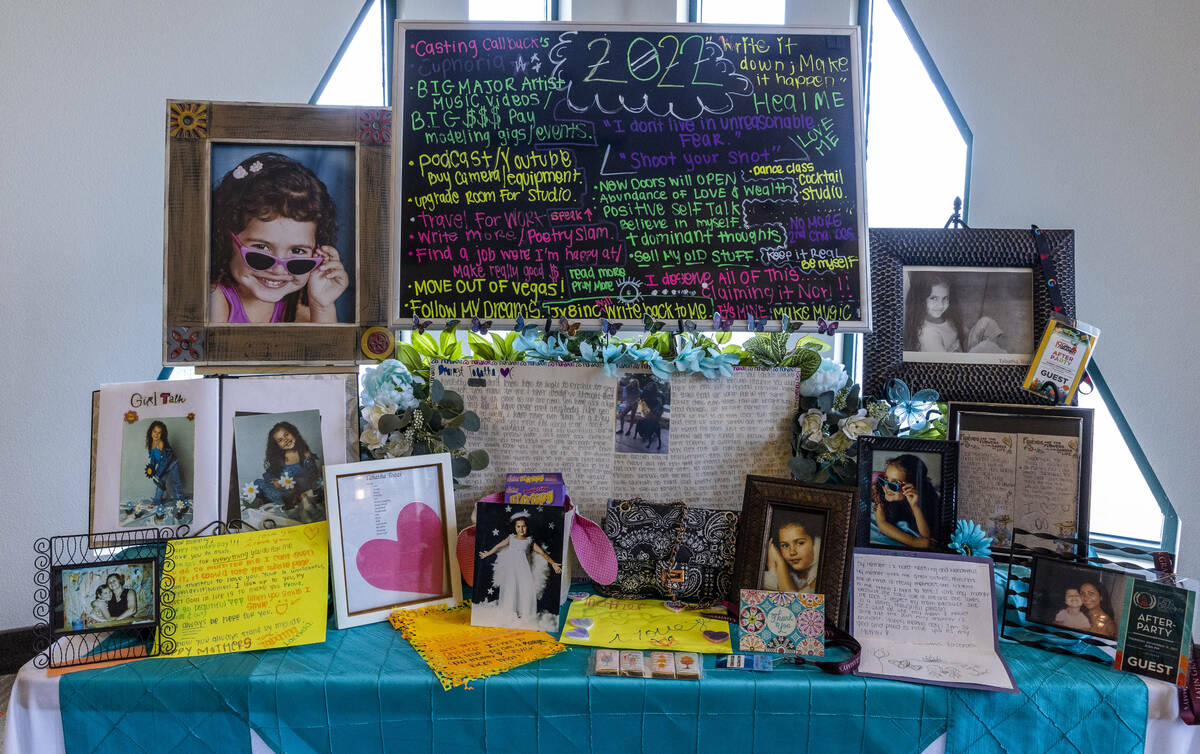 Keepsakes and memories on display during a funeral for Tabatha Tozzi at Palms Northwest Mortuar ...