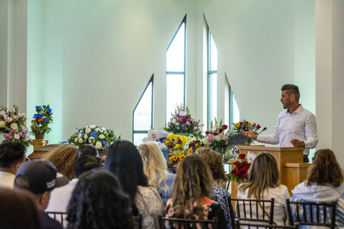 Chaplain Diego A. Trujillo gives a sermon during a funeral service for Tabatha Tozzi at Palms N ...