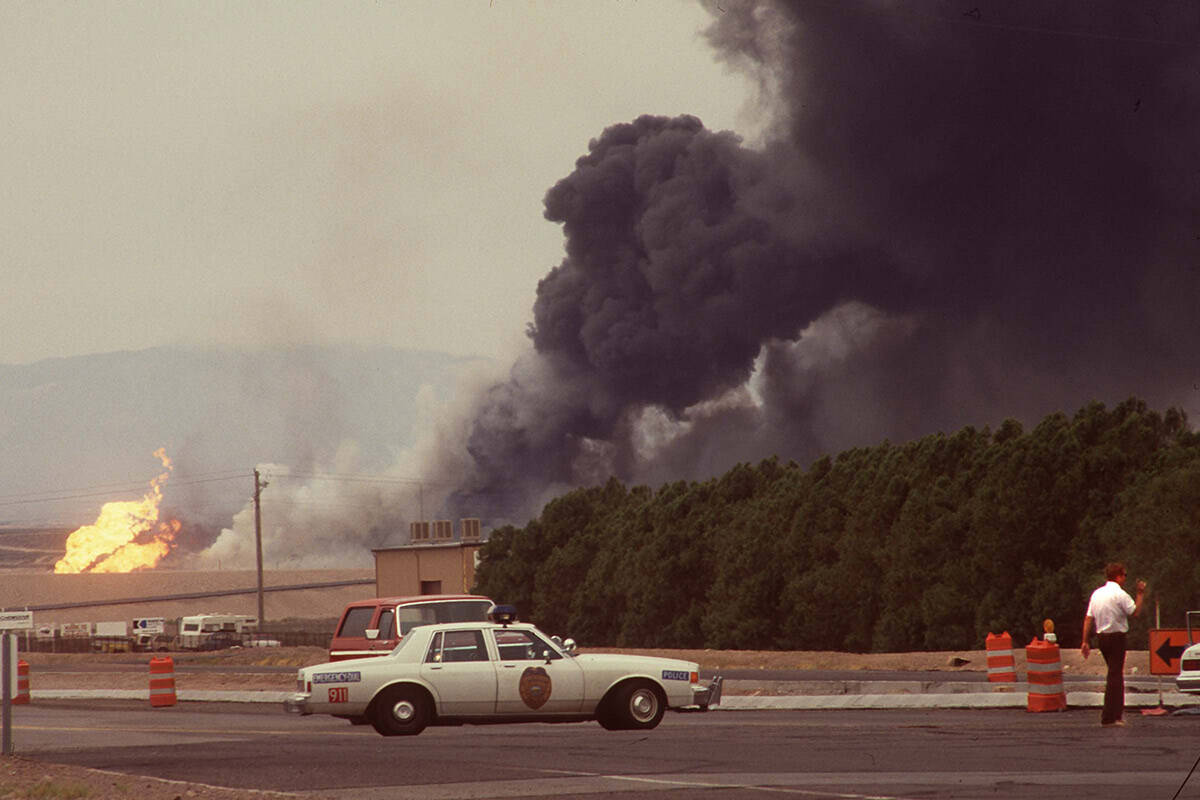 Black smoke billows from the PEPCON plant in Henderson on May 4, 1988, after a fire and explosi ...