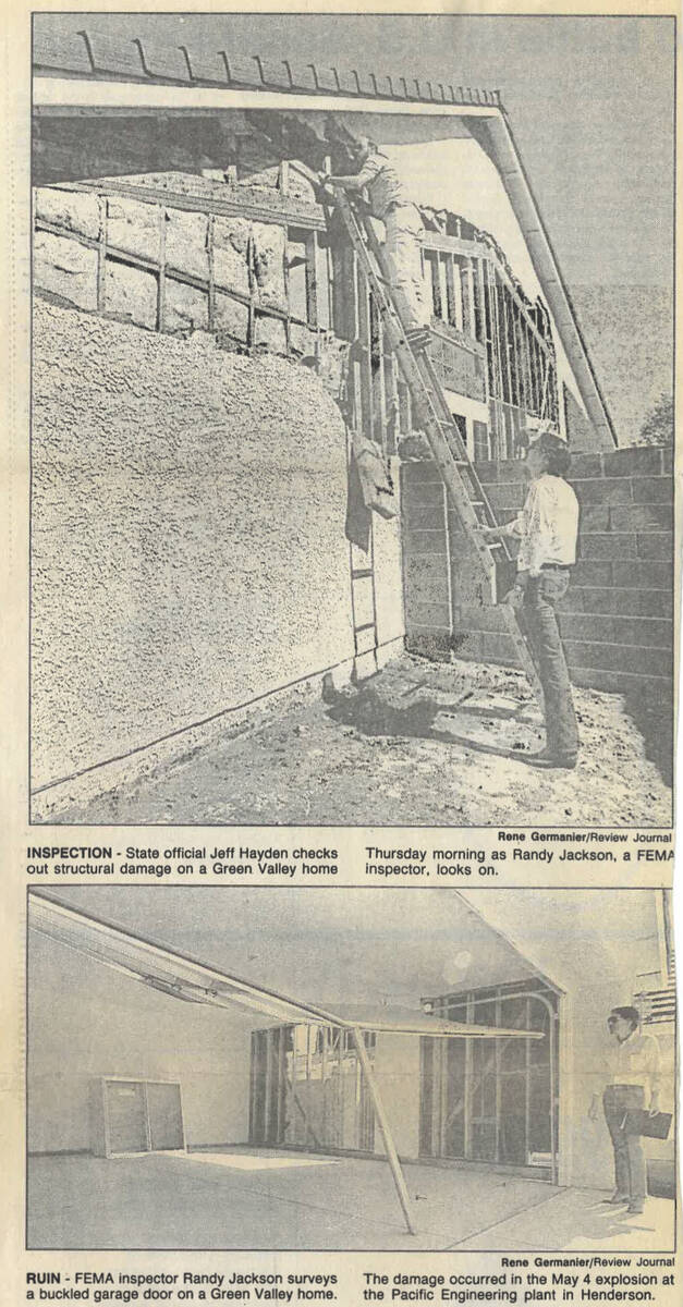 TOP: State official Jeff Hayden checks out structural damage on a Green Valley home May 26, 198 ...