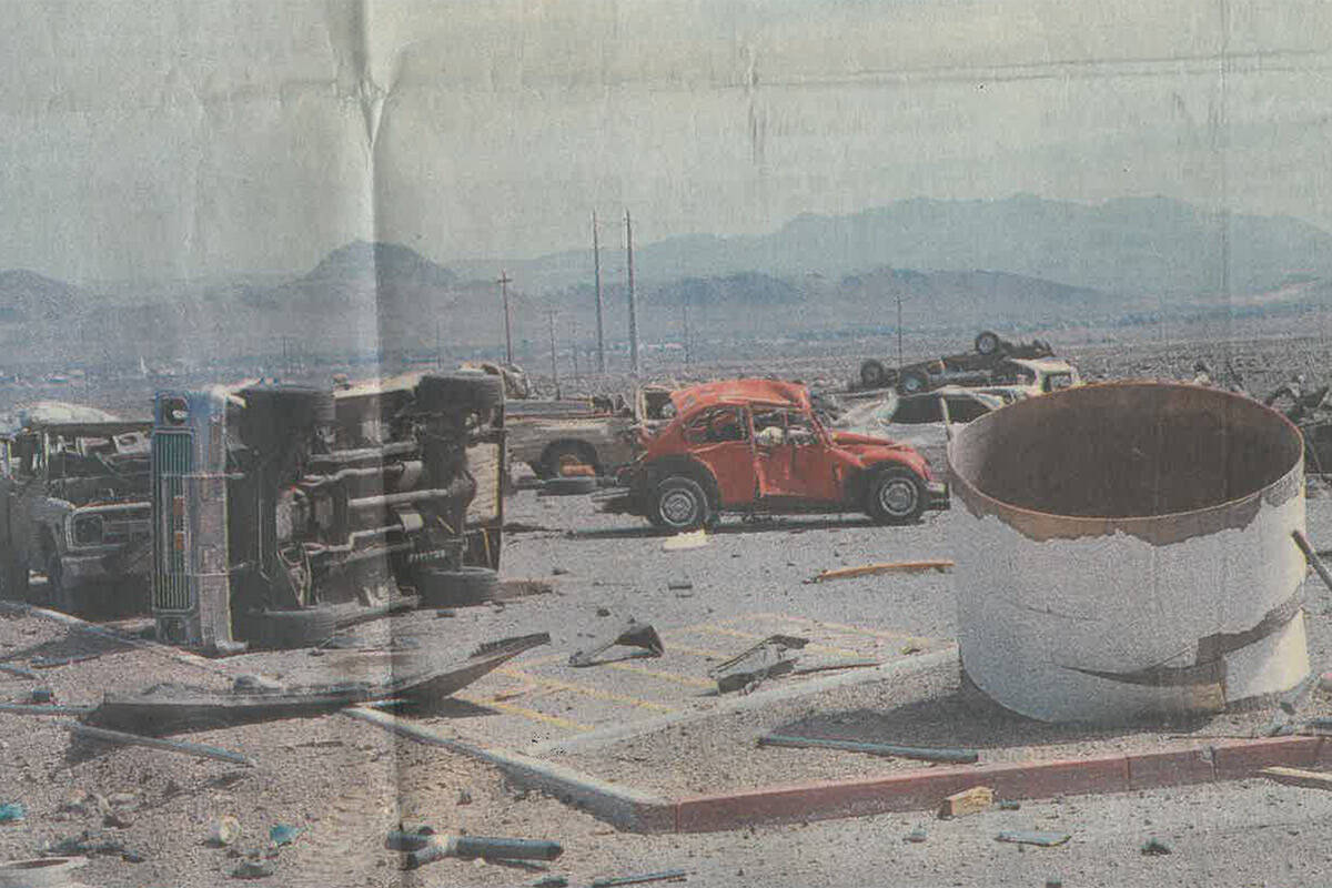 Overturned vehicles are seen in the parking lot at the PEPCON site. (Las Vegas Review-Journal)