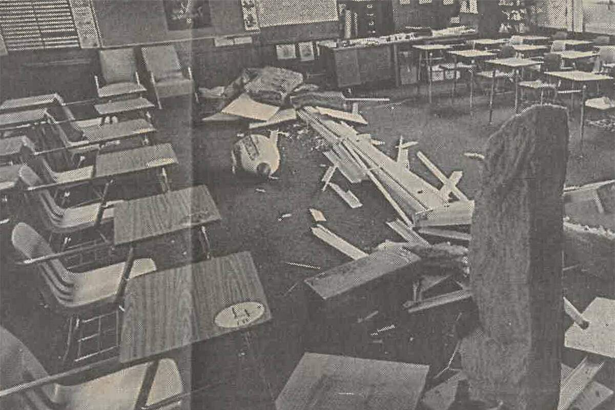 Rubble is strewn across a classroom at Burkholder Junior High in Henderson after the PEPCON bla ...