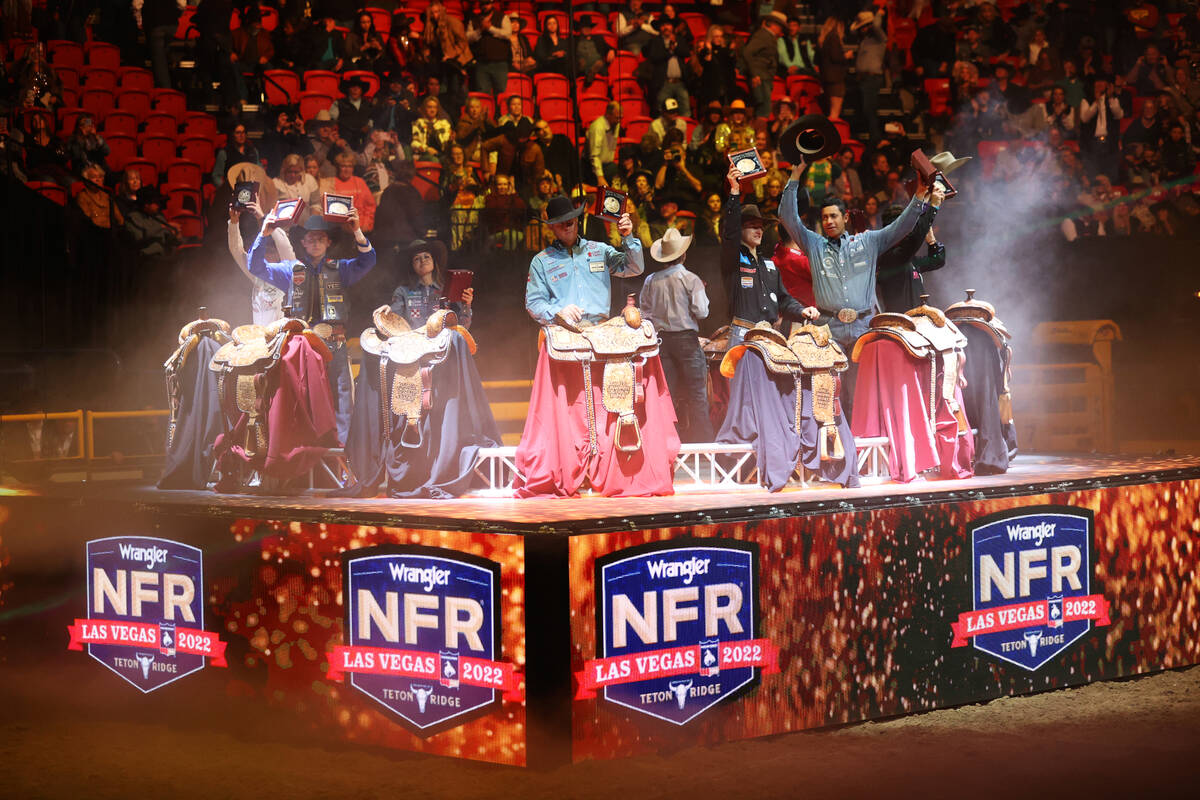 The champions of the 64th Wrangler National Finals Rodeo are presented following day 10 of the ...