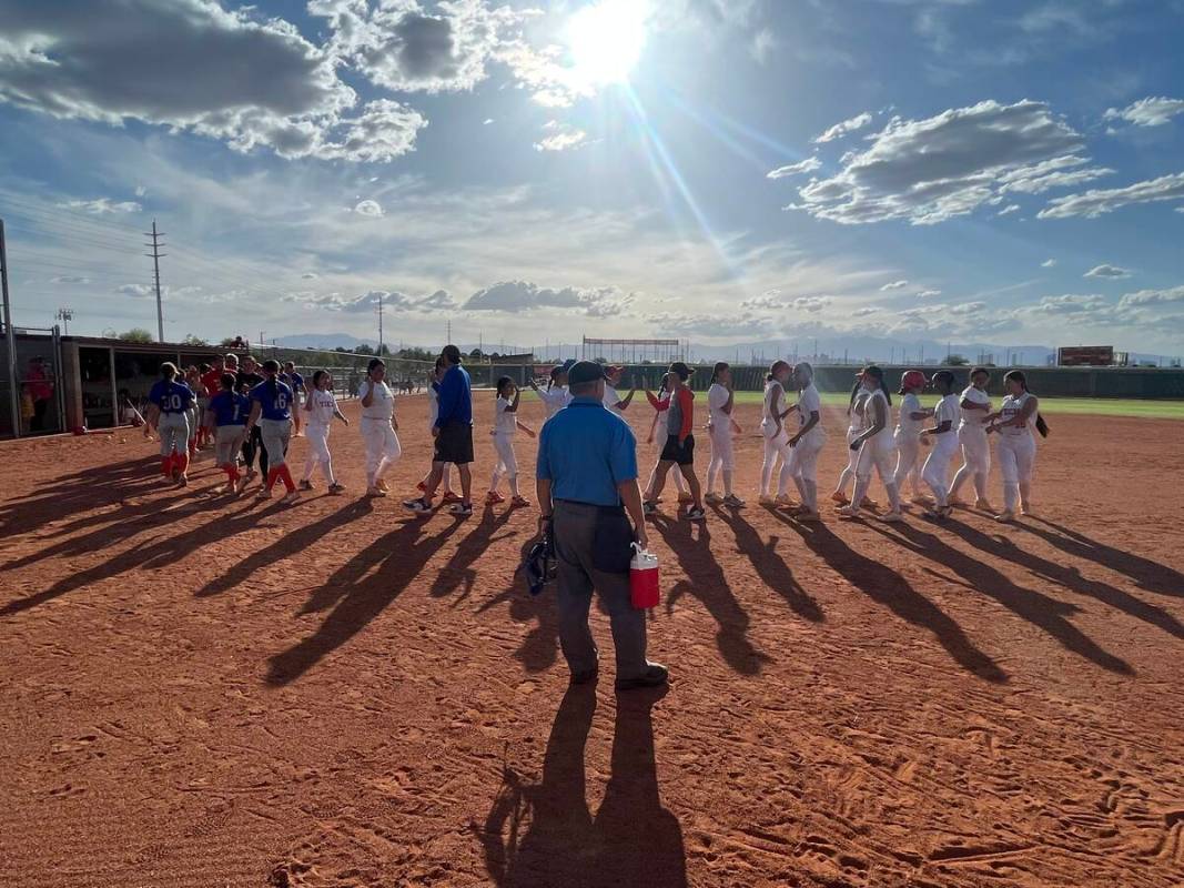 Bishop Gorman and Tech shake hands following the Gaels' 8-0 win at Tech on Wednesday. (Alex Wri ...