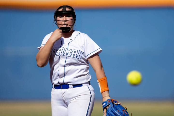 Bishop Gorman pitcher Jordyn Fray throws to Tech during a high school softball game at Bishop G ...