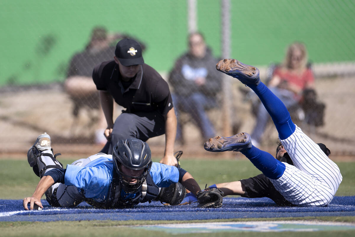 Centennial catcher Jaiden Russin attempts to out Green Valley’s Terrance Shaw Jr, who sc ...