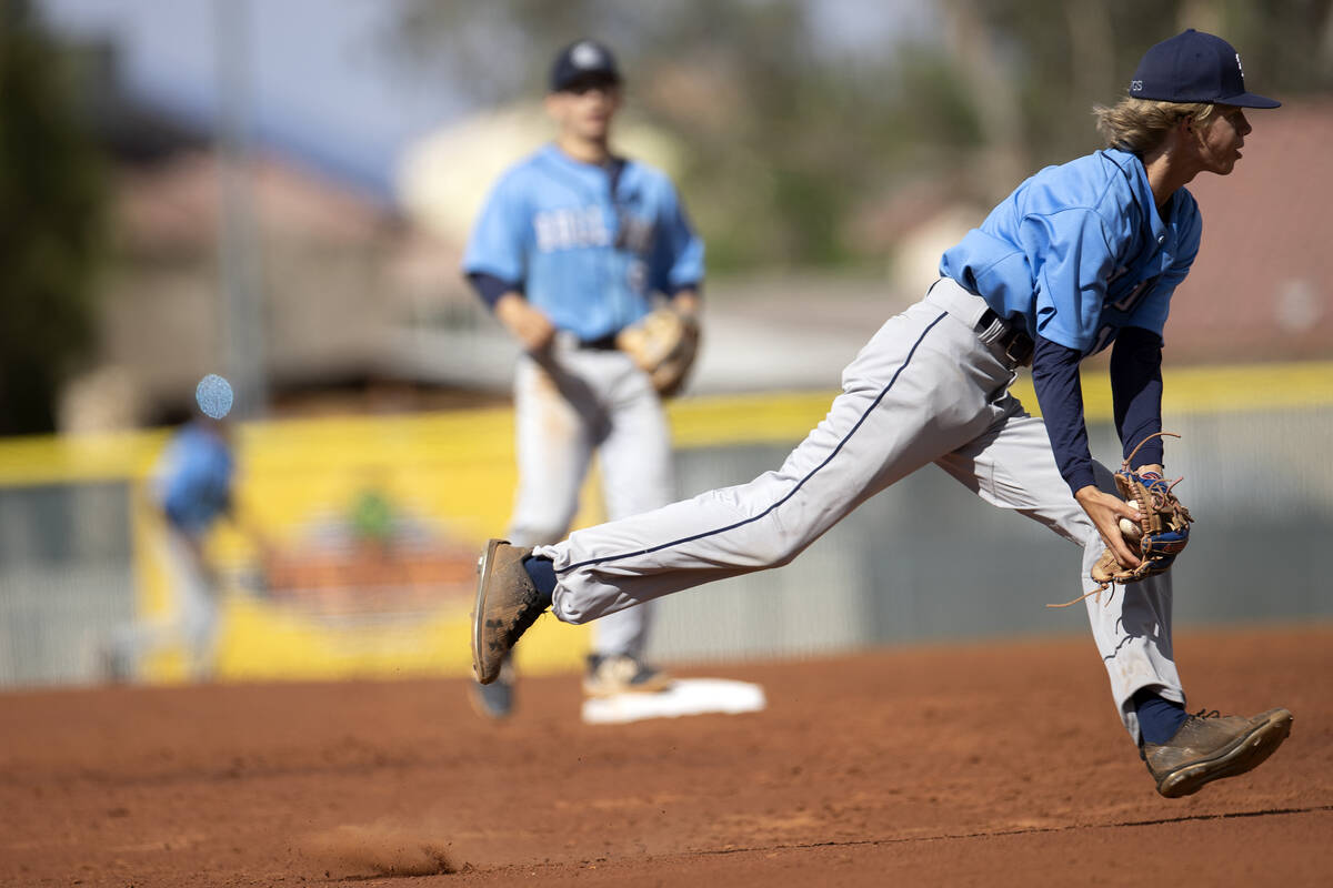 Centennial infielder Ethan Santos prepares to throw to first base during a high school baseball ...