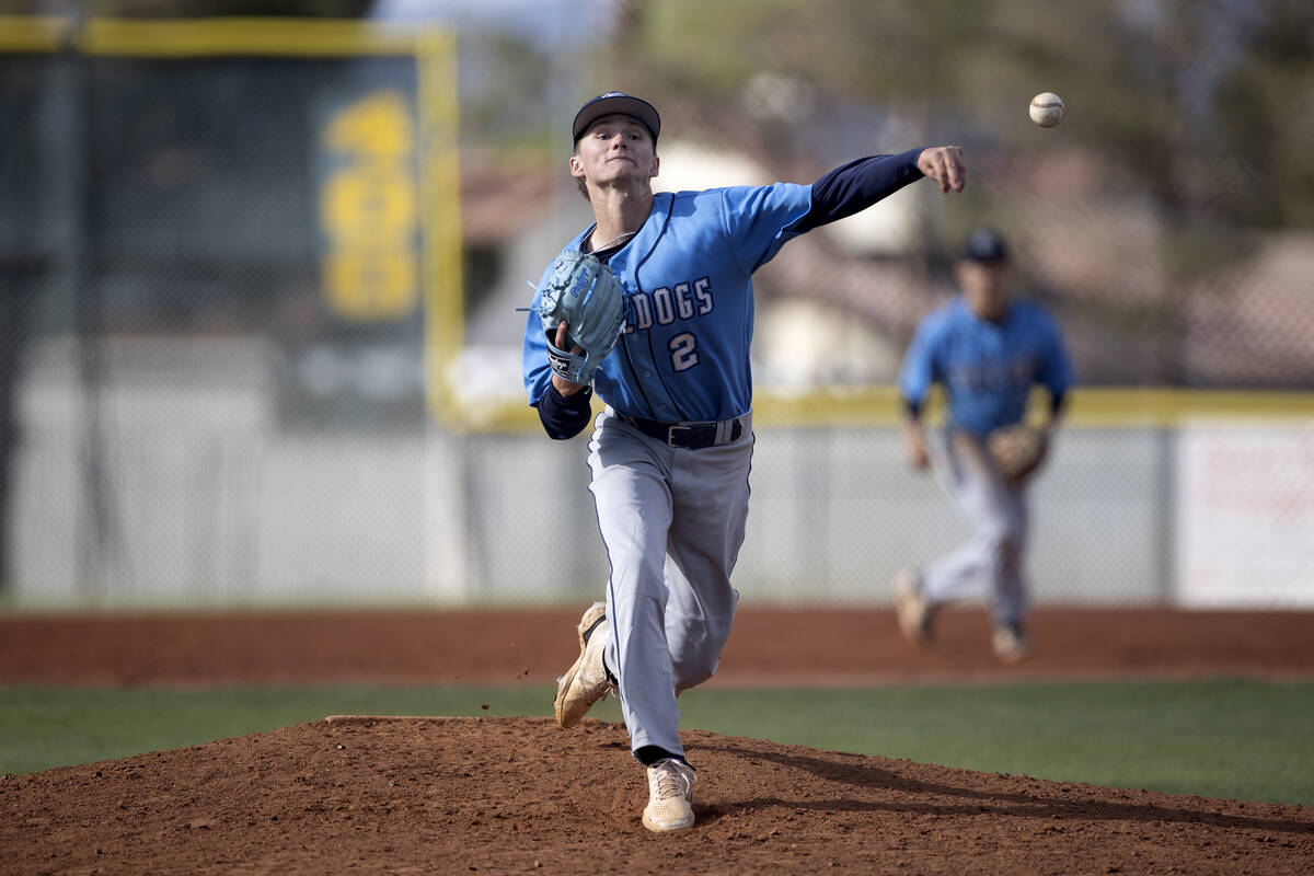 Centennial pitcher Kane Barber throws to Green Valley during a high school baseball game at Gre ...
