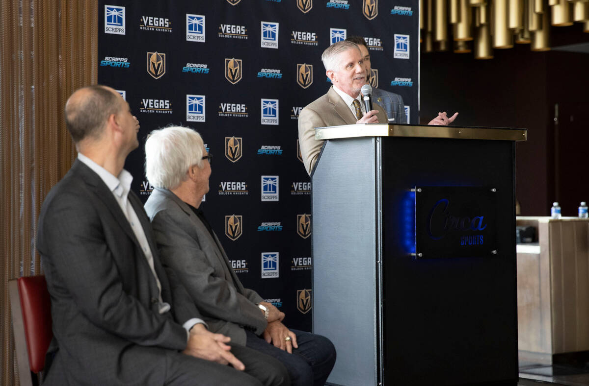 Golden Knights president Kerry Bubolz speaks during a news conference to announce Scripps Sport ...