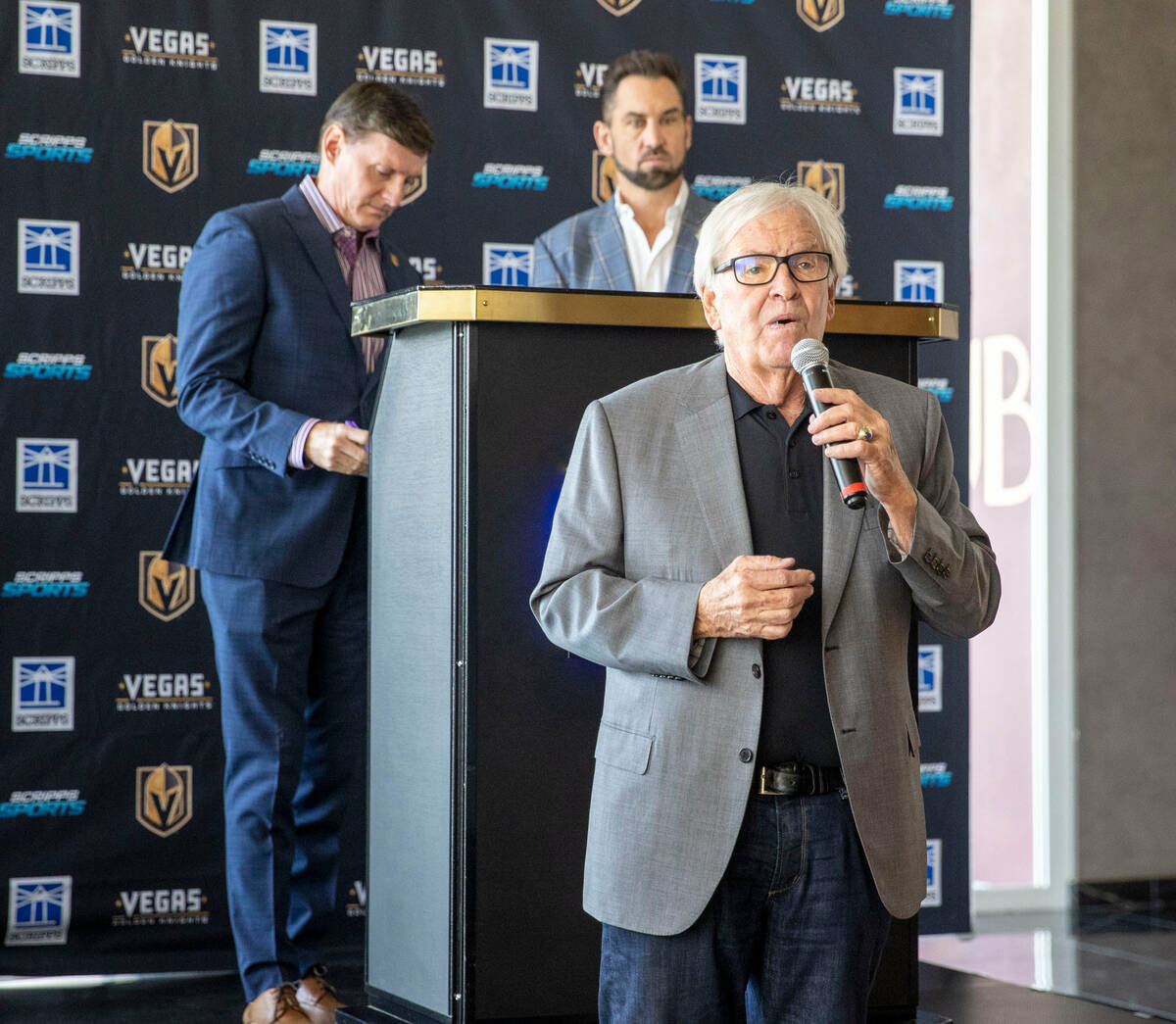 Vegas Golden Knights owner Bill Foley speaks during a news conference to announce Scripps Sport ...