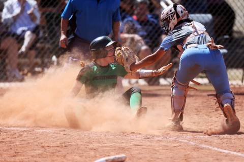 Centennial catcher Amanda Campos-Colon (9) tags out Palo Verde’s Mya Bartlett ...