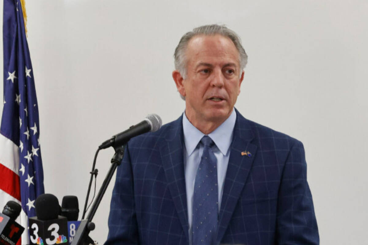 Gov. Joe Lombardo speaks at Valley High School on Friday, March 24, 2023, in Las Vegas. (Chitos ...