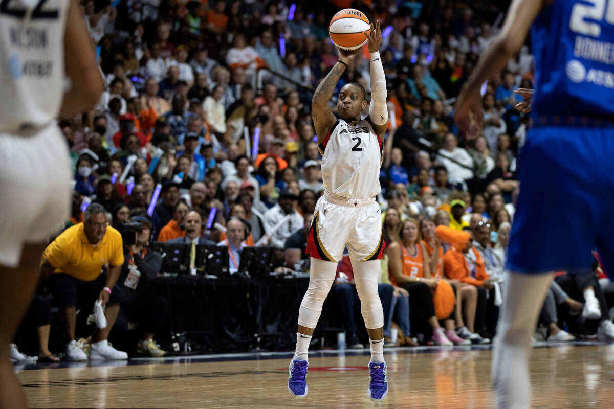 Las Vegas Aces guard Riquna Williams (2) shoots a 3-point goal during the second half in Game 4 ...