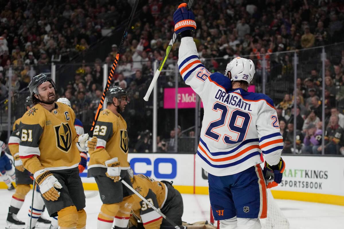 Edmonton Oilers center Leon Draisaitl (29) celebrates after scoring against the Vegas Golden Kn ...