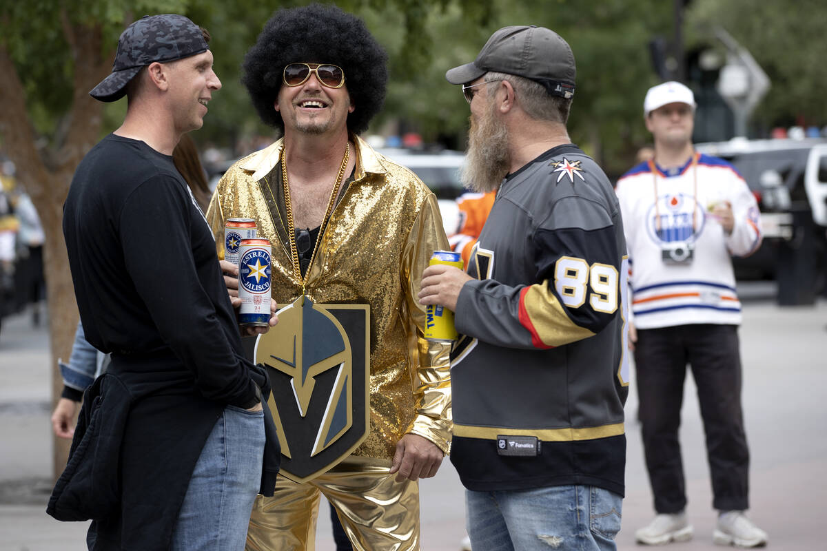 A Golden Knights fan dresses up before Game 2 of an NHL hockey Stanley Cup second-round playoff ...