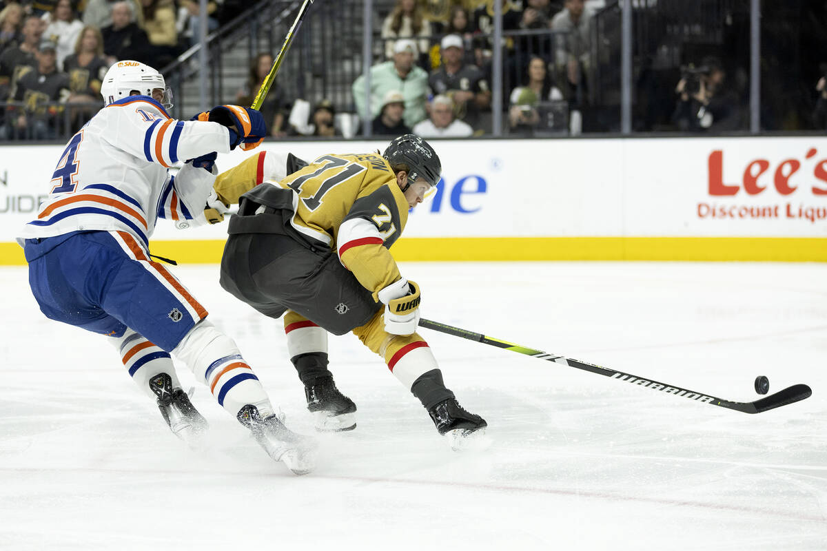Golden Knights center William Karlsson (71) skates before shooting the puck while Edmonton Oile ...